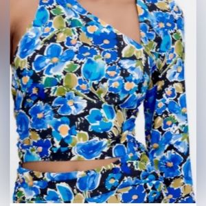 - ZARA Blue FLORAL PRINT Draped Crop Top ASYMMETRICAL ONE SLEEVE - TAGS Sz L